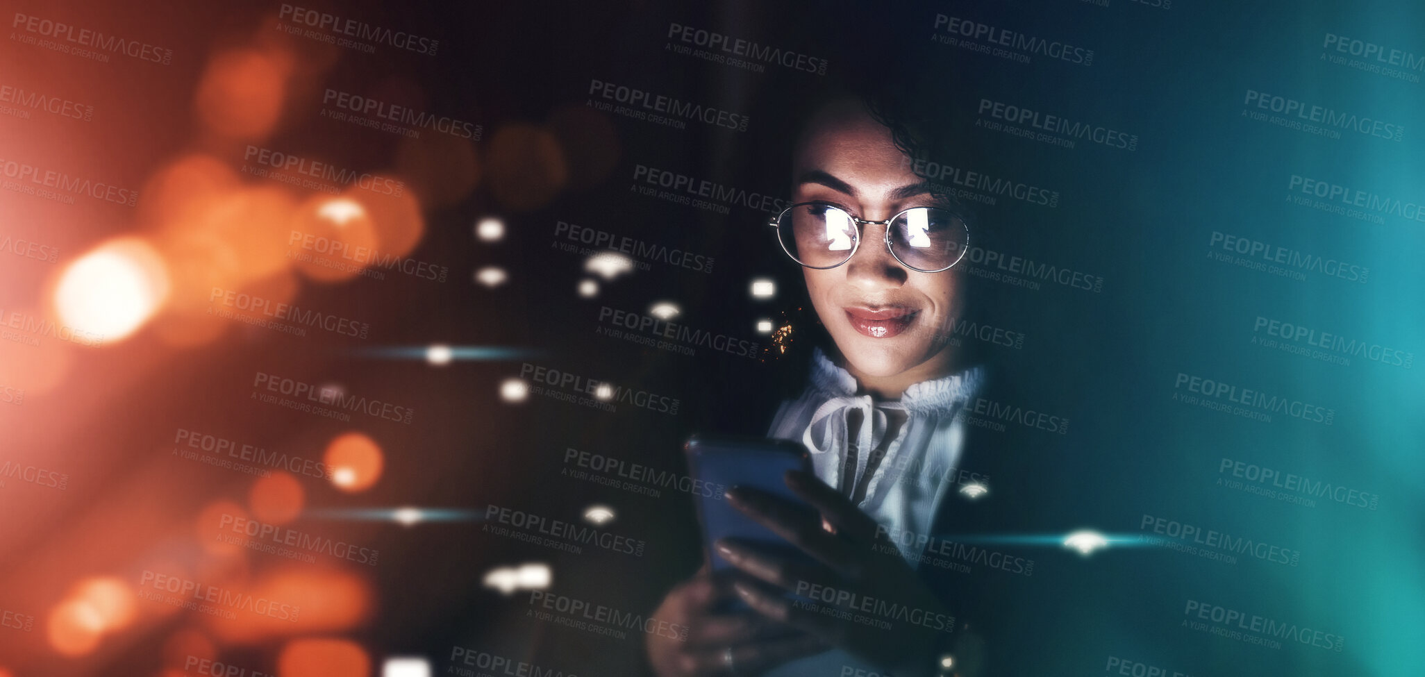 Buy stock photo Business woman, phone and communication at night for texting, chatting or networking on dark background. Female employee smile holding smartphone working late for online planning strategy on mockup