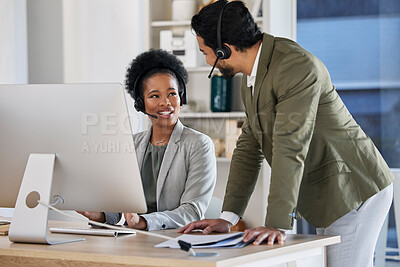 Buy stock photo Call center, training and people manager for technical support, telemarketing strategy or workflow management. Talking, advice and telecom boss, leader or worker with black woman consultant in office