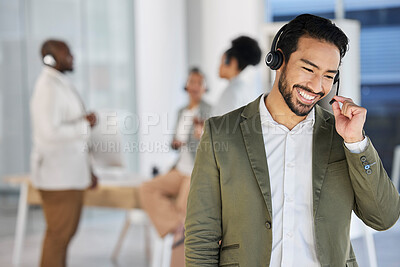 Buy stock photo Agent man, call center and listening for consulting, teamwork or blurred background for contact us with smile. Happy crm consultant, customer service expert or tech support in modern office with team