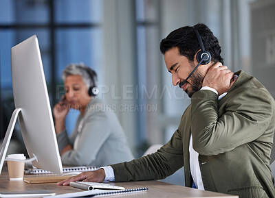 Buy stock photo Neck pain, call center stress and man with fatigue, burnout and medical healthcare risk. Anxiety, tired and muscle injury of telemarketing agent, consultant or overworked technical support person