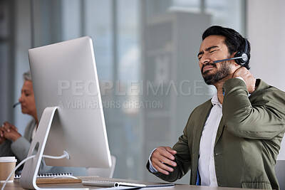 Buy stock photo Neck pain, call center and tired man with fatigue, burnout and medical healthcare risk. Anxiety, stress and muscle injury of telemarketing agent, consultant or overworked technical support person