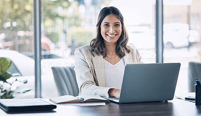 Buy stock photo Lawyer, portrait and laptop in office planning, legal consulting or policy review feedback in corporate law firm. Smile, happy and attorney woman on technology in case research or schedule management