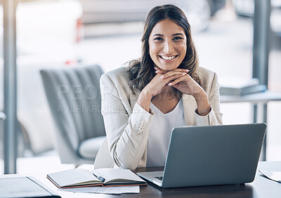 Buy stock photo Woman, portrait and laptop in office planning, legal consulting or policy review feedback in corporate law firm. Smile, happy and attorney lawyer on technology in case research or schedule management