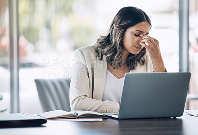 Buy stock photo Lawyer, laptop or stress headache with problem, court case loss or legal research burnout in corporate law firm. Anxiety, pain or migraine for attorney woman on technology with doubt or mental health