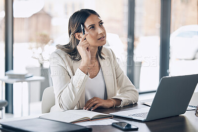 Buy stock photo Woman, laptop or thinking of legal solution help, court case innovation or research vision in corporate law firm. Lawyer, attorney or worker technology in ideas, strategy planning or litigation trust