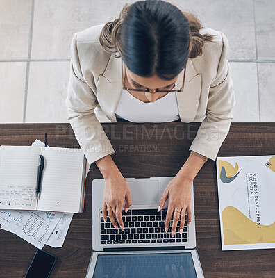 Buy stock photo Business woman, top view or hands on laptop in company finance management, investment strategy or global financial growth. Worker, employee or leadership typing on technology for budget planning idea