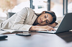 Sleeping, tired and business woman at laptop in office for exhausted, dreaming and overworked. Burnout, fatigue and lazy with employee napping at desk for stress, mental health and headache rest