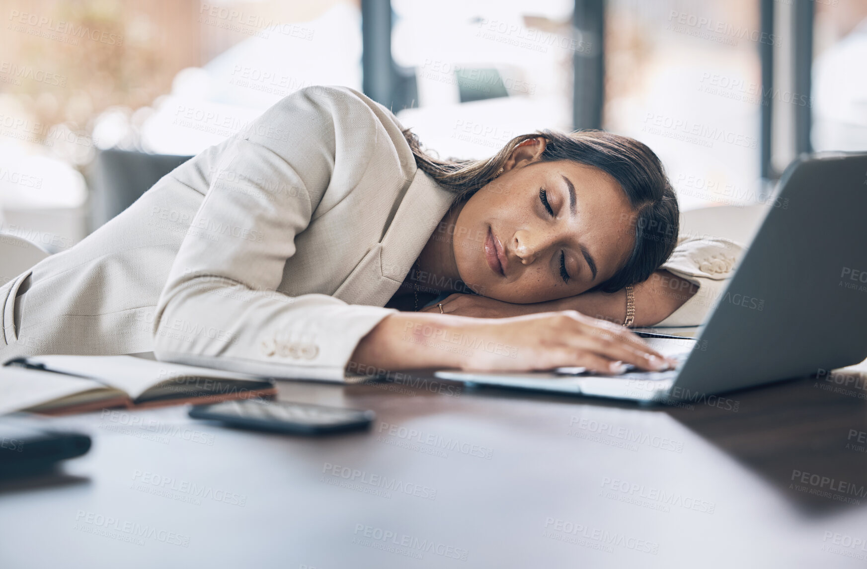 Buy stock photo Sleeping, tired and business woman at laptop in office for exhausted, dreaming and overworked. Burnout, fatigue and lazy with employee napping at desk for stress, mental health and headache rest