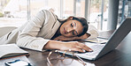 Sleeping, laptop and business woman in office for exhausted, tired and overworked. Burnout, fatigue and lazy with employee napping at desk for stress, mental health and headache rest from pressure