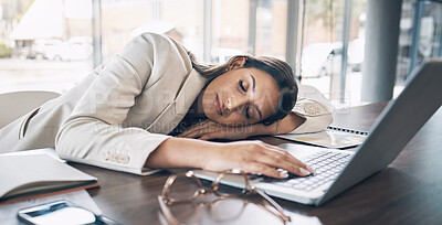 Buy stock photo Sleeping, laptop and business woman in office for exhausted, tired and overworked. Burnout, fatigue and lazy with employee napping at desk for stress, mental health and headache rest from pressure