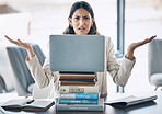 Stress, portrait or laptop on books stack in office research burnout, finance student learning or corporate education anxiety. Worker, woman or technology with shrugging gesture or confused questions