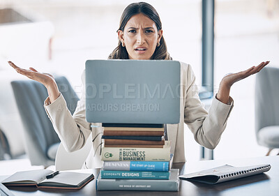 Buy stock photo Stress, portrait or laptop on books stack in office research burnout, finance student learning or corporate education anxiety. Worker, woman or technology with shrugging gesture or confused questions