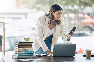 Buy stock photo Business woman, thinking or phone spam in email phishing, website technology scam or cloud data hacking. Confused, doubt or reading worker with mobile digital breach, cyber security crisis or theft