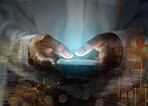 Hands, phone and overlay with a man typing online for information technology and networking. Business person with smartphone for ux, city research and double exposure of 5g network connection 