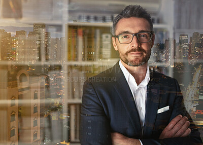 Buy stock photo City double exposure, business man and ceo portrait of a employee in office at night feeling proud. Corporate success, executive manager and businessman with mock up ready for working and leadership 