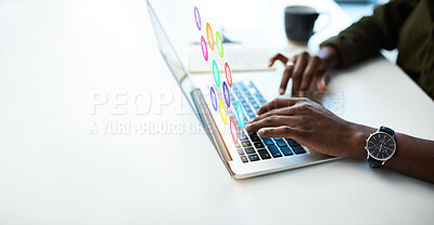 Buy stock photo Man hands, laptop and icon hologram with notification dashboard for software application and internet. Creative person at office desk with mockup space for ai, ux and media with future erp innovation