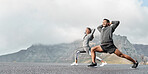 Exercise, mockup and couple workout and stretch together outdoors in nature by a mountain for health, wellness and fitness. People, lovers and athletes training and keeping fit and heathy