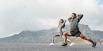 Buy stock photo Exercise, mockup and couple workout and stretch together outdoors in nature by a mountain for health, wellness and fitness. People, partners and athletes training and keeping fit and heathy