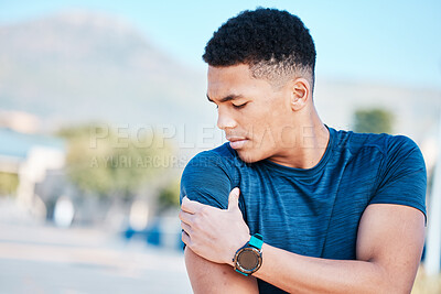 Buy stock photo Arm pain, black man and fitness injury outdoor from sport, exercise and training. African person, athlete and mock up with a runner holding medical, sport and muscle problem after sports and workout