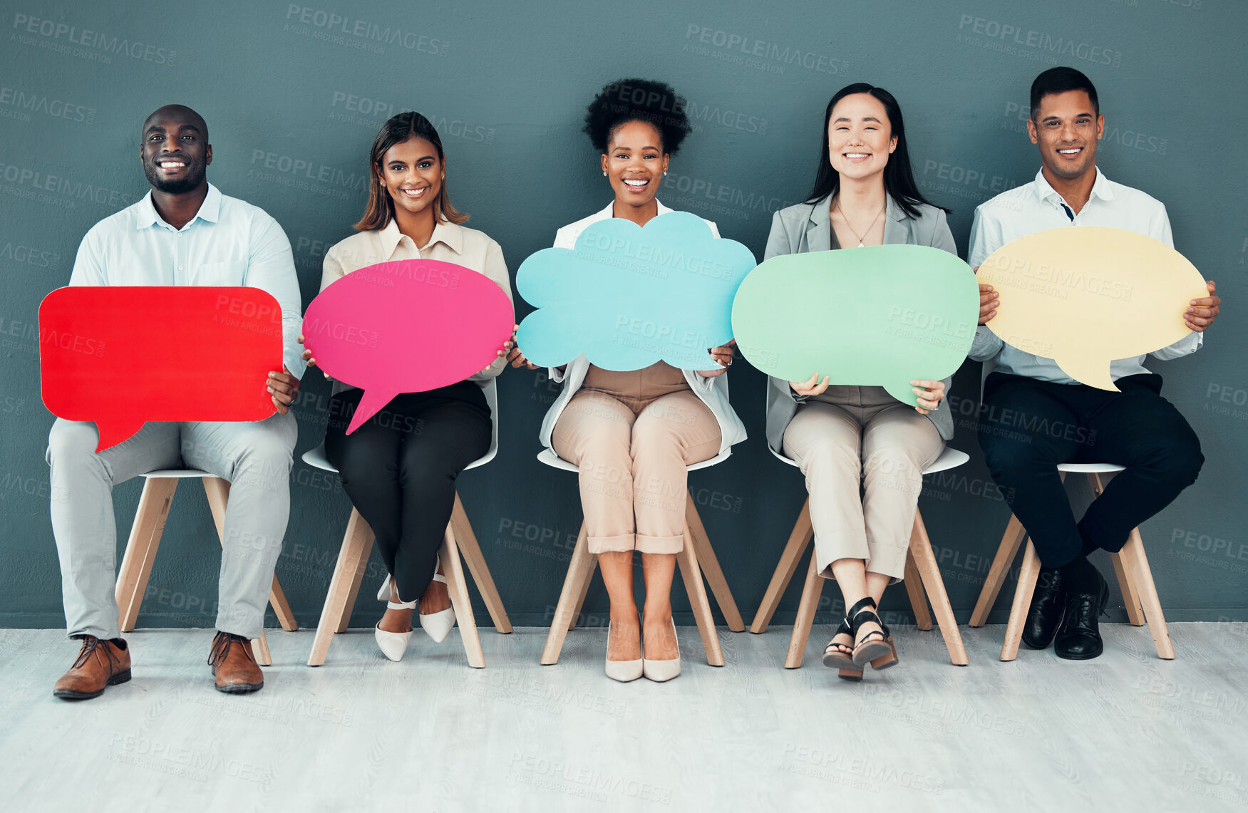 Buy stock photo Speech bubble, business people and advertising for recruitment on social media and join us in waiting room. We are hiring, poster and banner mockup by group with diversity, voice or announcement