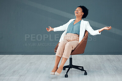 Buy stock photo Chair, carefree and mockup with a business black woman sliding on the floor of her office feeling stress free. Freedom, relax and success with a crazy female employee riding a seat in the workplace