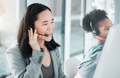 Buy stock photo Call center, consulting and asian woman at computer in office for customer service, telemarketing and help desk. Happy, smile and contact us with consultant for technical support, advisory and sales