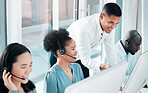Training, help and people in telemarketing at a call center, online consulting and support. Contact us, advice and a manager helping customer service workers with digital client communication