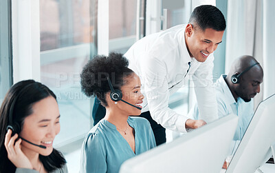 Buy stock photo Training, help and people in telemarketing at a call center, online consulting and support. Contact us, advice and a manager helping customer service workers with digital client communication