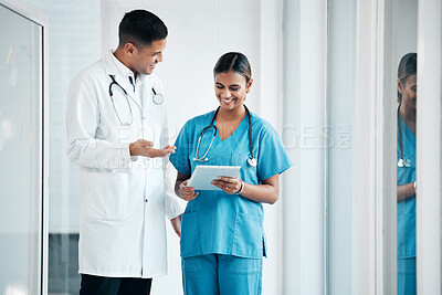Buy stock photo Nurse, doctor or healthcare team with tablet planning schedule, life insurance or medical research. Woman and man with mobile app talking for communication, online consultation and advice in hospital