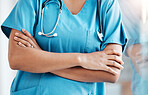 Healthcare, closeup and proud, woman and doctor at hospital for innovation, medicine or health goal. Nurse, hands and lady surgeon ready for help, advice and medical service while working at a clinic