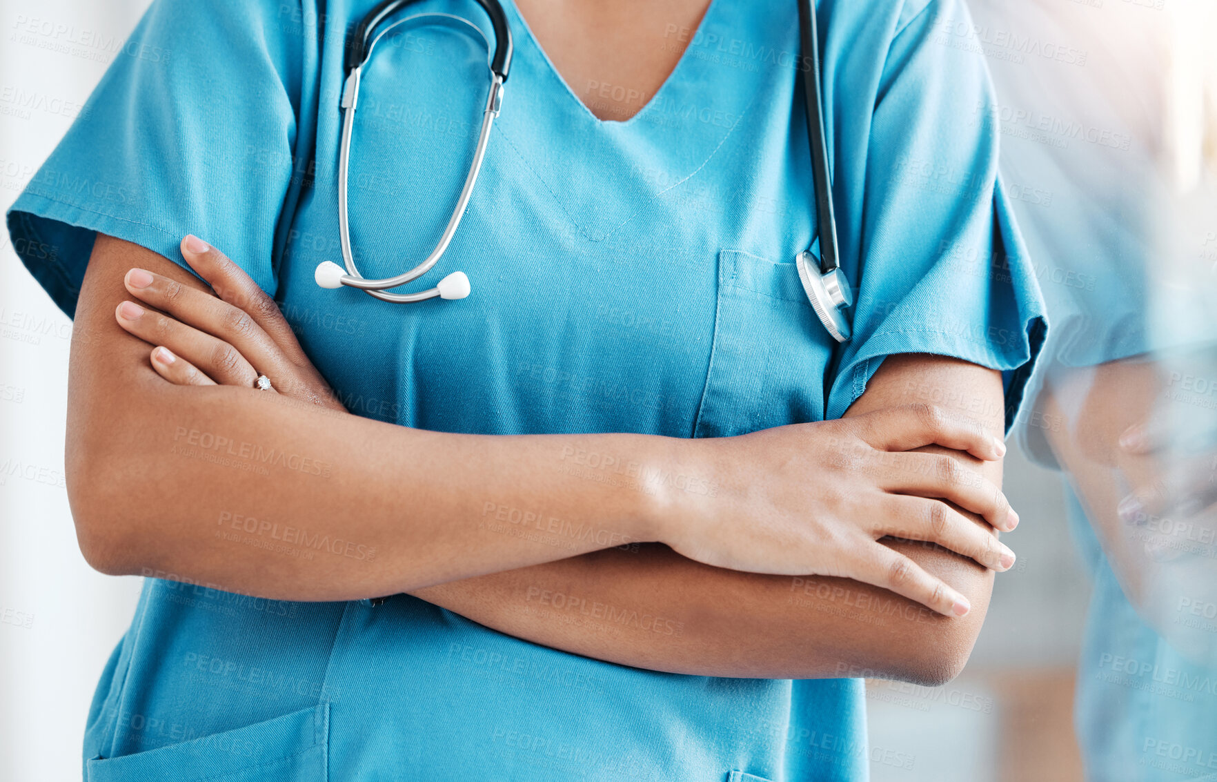 Buy stock photo Healthcare, closeup and proud, woman and doctor at hospital with arms crossed in medicine for health goal. Nurse, hands and professional surgeon ready for help and medical service, working at clinic