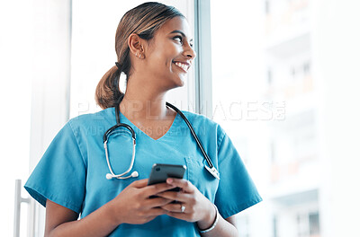 Buy stock photo Idea, social media and doctor with a phone for communication, email and schedule. Thinking, ambition and woman nurse typing on a mobile for an app chat, healthcare research and conversation
