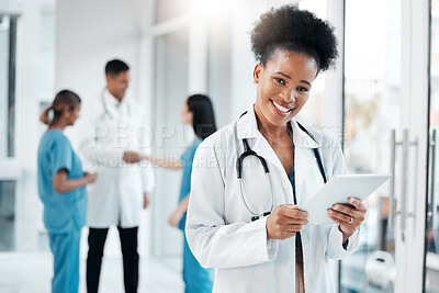 Buy stock photo Research, portrait and black woman with tablet for healthcare, medicine and internet information. Schedule, communication and African doctor with technology for medical service, telehealth and email