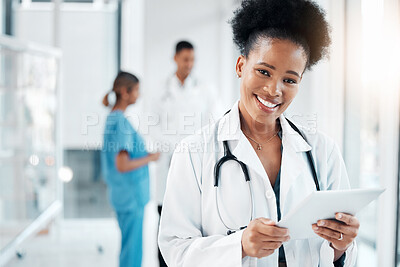 Buy stock photo Research, portrait and black woman with tablet for healthcare, medicine and consultation email. Schedule, communication and African doctor with technology for service, telehealth and nursing