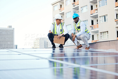 Buy stock photo Solar panels, engineering people and rooftop inspection of energy saving, urban development or electricity. Teamwork, checklist and technician men with sustainable power solution or city installation
