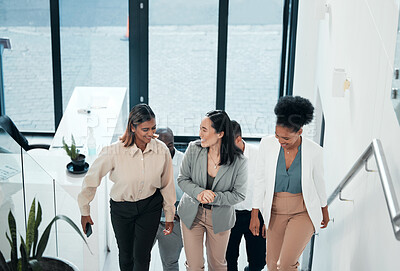 Buy stock photo Conversation, office building or business people walking on steps while talking or in communication together. Company team, top or happy friends enjoy speaking in group discussion on break on stairs