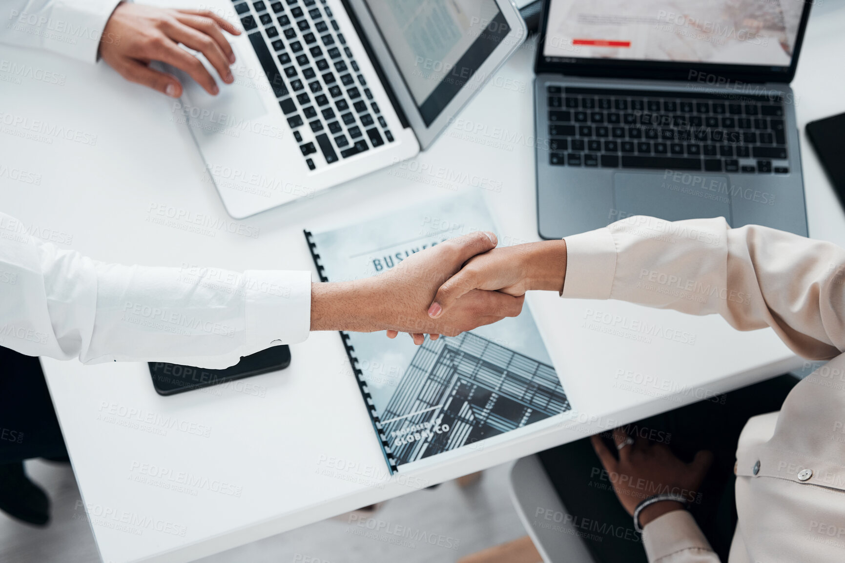 Buy stock photo Deal, partnership and handshake with business people in office for contract, B2B and collaboration. Teamwork, welcome and thank you with employee shaking hands for negotiation, meeting and hiring