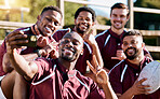 Selfie, rugby team and men with phone smile ready for exercise, sports training and workout on field. Fitness, teamwork and athletes take picture on smartphone for post before match, game or practice