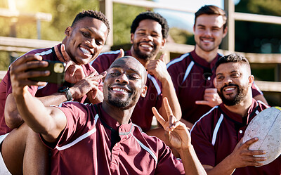 Buy stock photo Selfie, rugby team and men with phone smile ready for exercise, sports training and workout on field. Fitness, teamwork and athletes take picture on smartphone for post before match, game or practice