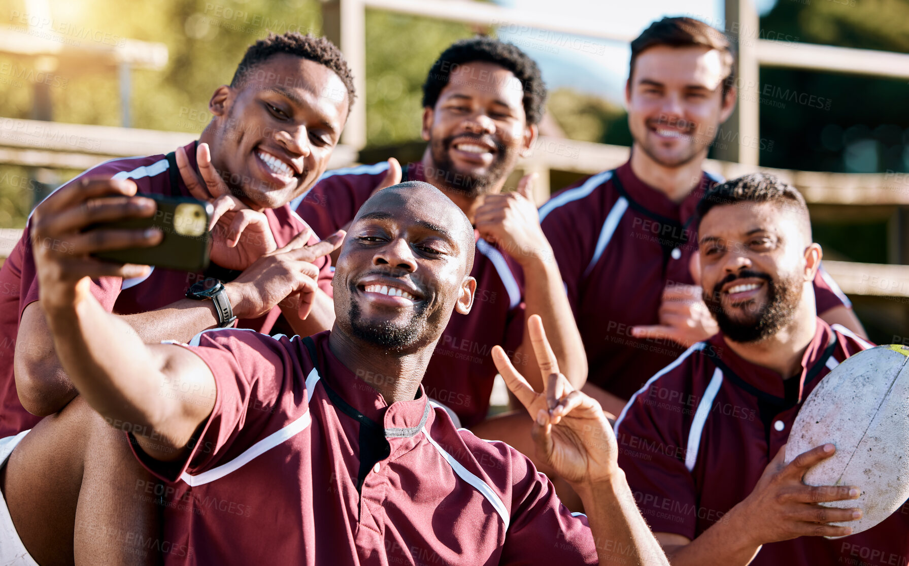 Buy stock photo Selfie, rugby team and men with phone smile ready for exercise, sports training and workout on field. Fitness, teamwork and athletes take picture on smartphone for post before match, game or practice