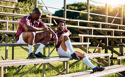 Buy stock photo Sports, fitness and rugby with black man on bench for relax, workout and championship training. Exercise, teamwork and health with friends on bleachers at field for game practice, cardio and wellness