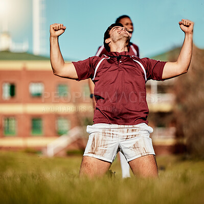 Buy stock photo Rugby success, fitness man and sport celebration on a grass field for sports competition and match. Training, excited athlete and team win with exercise achievement from game workout outdoor