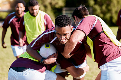 Buy stock photo Team, tackle or rugby men in training, exercise or workout match on sports field running with a ball. Challenge, strong man or powerful group in tough competitive game with physical fitness or effort