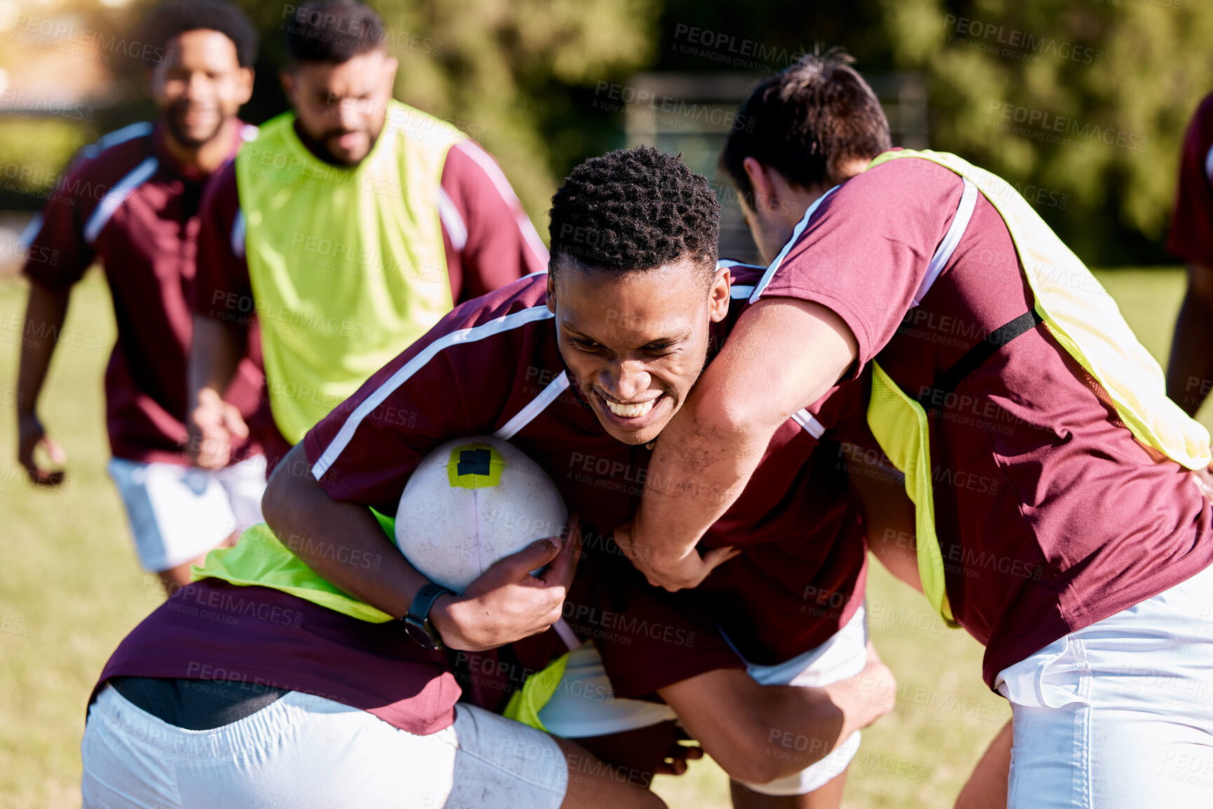 Buy stock photo Team, tackle or rugby men in training, exercise or workout match on sports field running with a ball. Challenge, strong man or powerful group in tough competitive game with physical fitness or effort