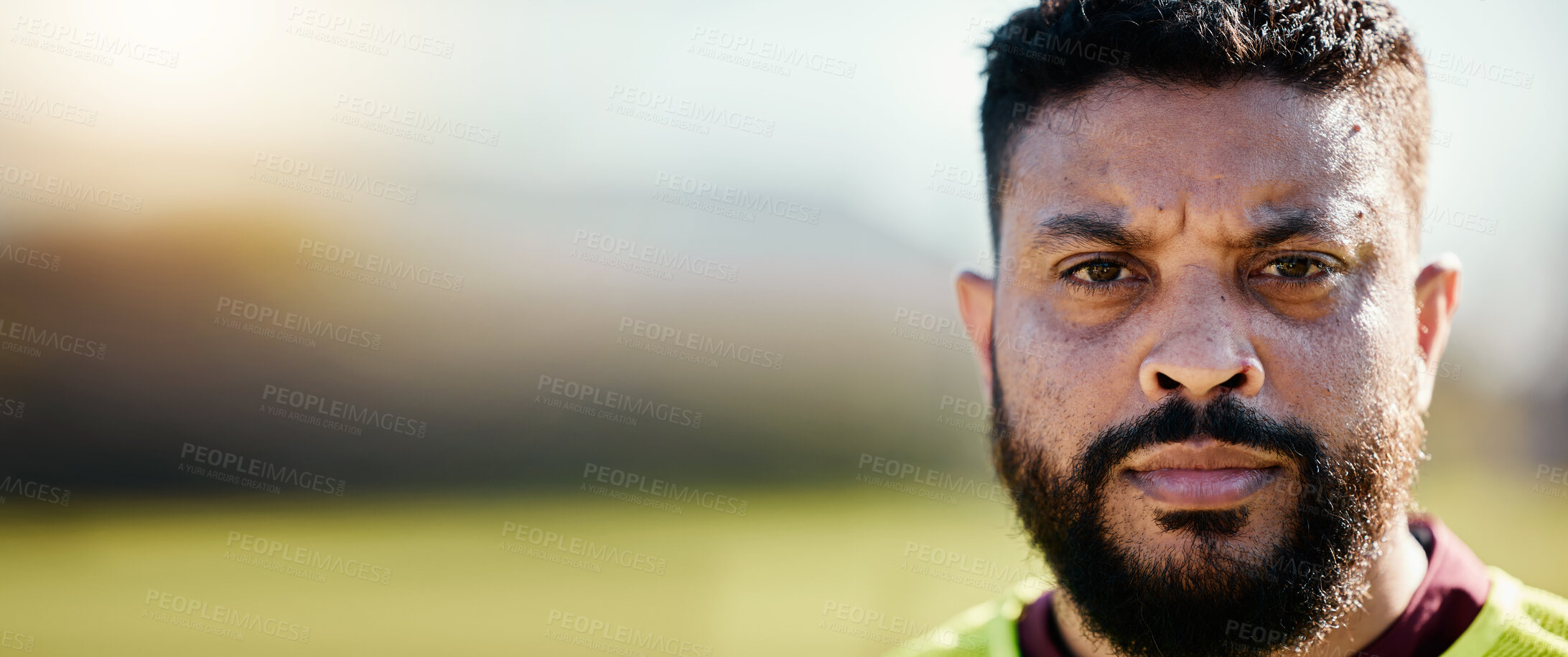 Buy stock photo Rugby, sports and portrait of man on field with serious, dedication and focus for game, practice or match. Fitness, motivation mockup and face of sport player ready for exercise, training and workout