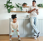 Dance, happy and father with child bonding, playing and laughing together in the morning. Comic, funny and carefree girl dancing with her dad for happiness, comedy and freedom in a home kitchen