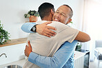 Family, love and man hug grandfather in home, bonding and smiling together in kitchen. Support, care and male hugging, cuddle or embrace with happy grandpa, having fun and enjoying quality time.