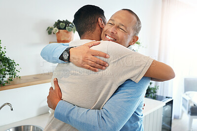 Buy stock photo Family, love and man hug grandfather in home, bonding and smiling together in kitchen. Support, care and male hugging, cuddle or embrace with happy grandpa, having fun and enjoying quality time.