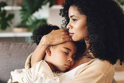 Buy stock photo Family, mom with sleeping kid and love, peace and calm with relationship, care and relax at home. Content, black woman and tired girl with bond, comfort and hug with safe place, dream and sleep