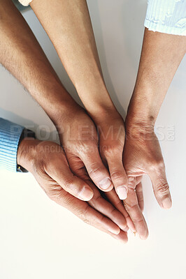 Buy stock photo Hands together, business people and community of company team with work trust and goals. Teamwork, commitment and solidarity of office connect with white background showing staff collaboration